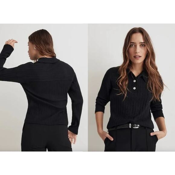 Madewell | NWT | Variegated Rib Boxy Polo Shirt | True Black | Sz XXS - Picture 1 of 8